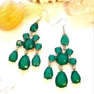 NWT Verdant Green Beaded Boho Silver Chandelier Earrings